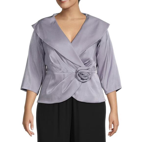 Alex Evenings Portrait Collar Neck Flower Shimmer Satin Blouse Plus Size 3X - Picture 1 of 7